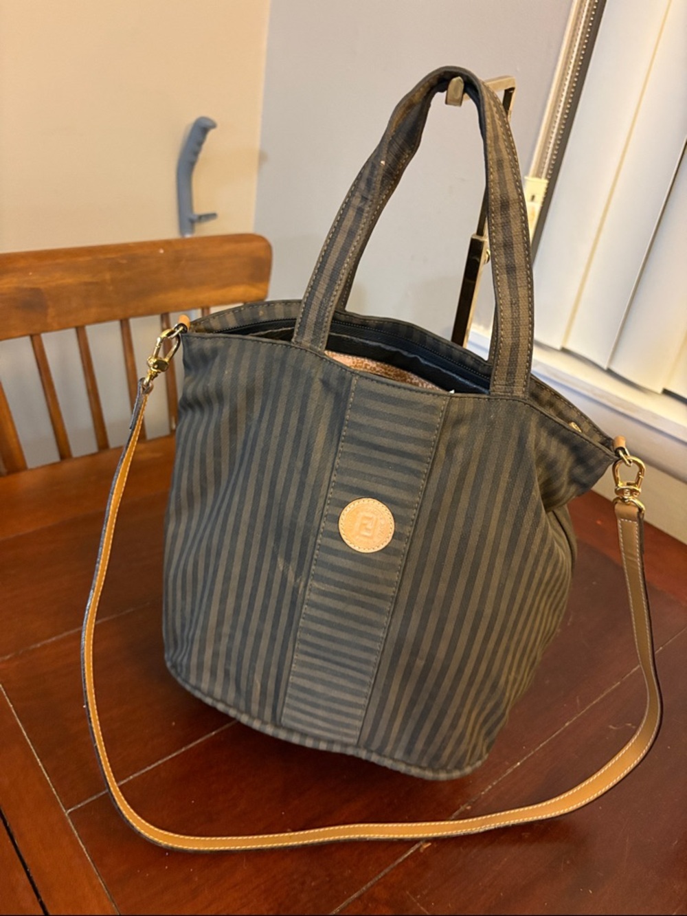 Fendi excellent Canvas Stripe Bucket Bag with authentic Fendi removable strap